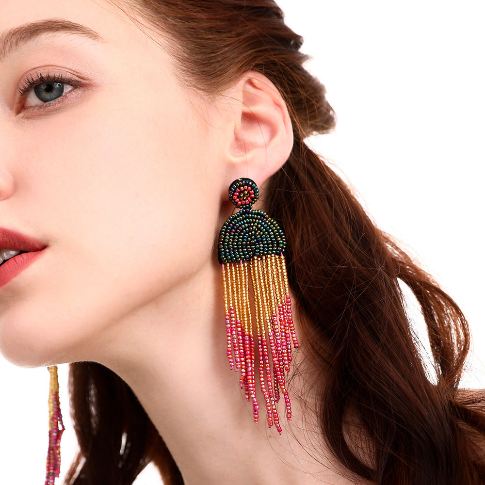 Hand-beaded Colored Rice Beaded Tassel Earrings
