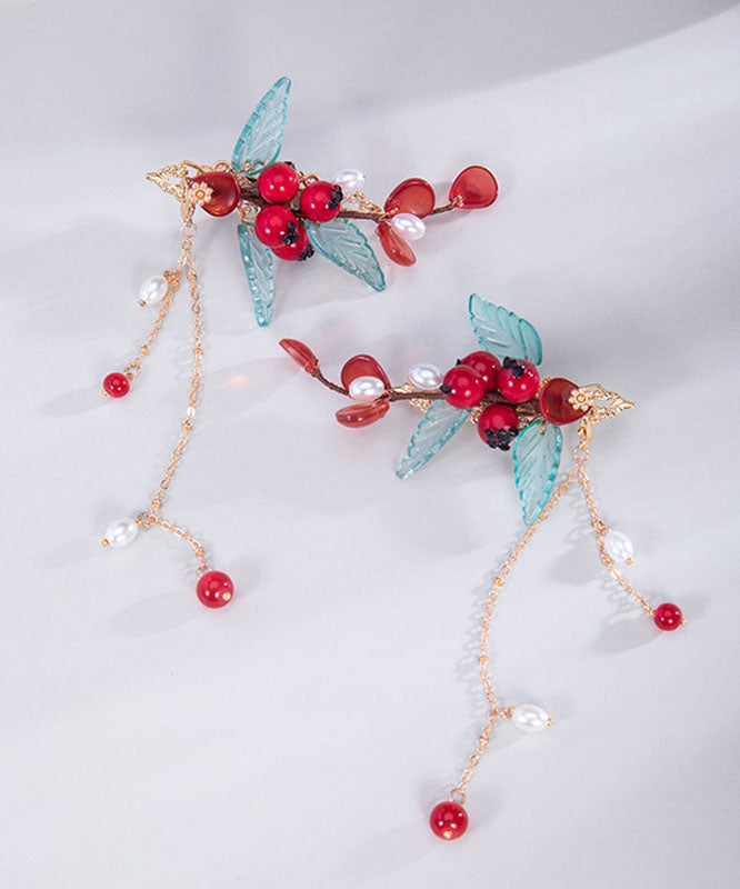 Chinese Style Multicolor Copper Overgild Pearl Coloured Glaze Leaf A Pair Hairpin