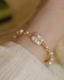 Boutique Gold Sterling Silver Overgild Pearl Cuff Bracelet