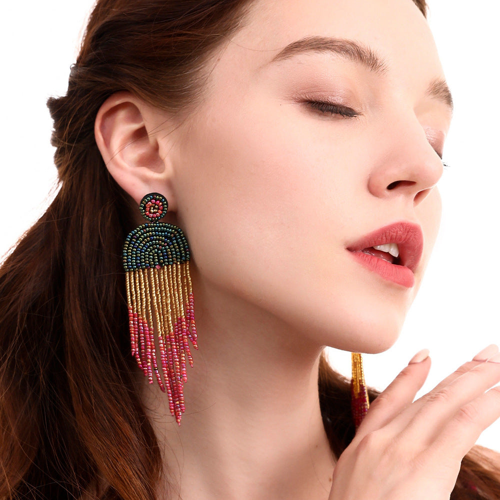 Hand-beaded Colored Rice Beaded Tassel Earrings