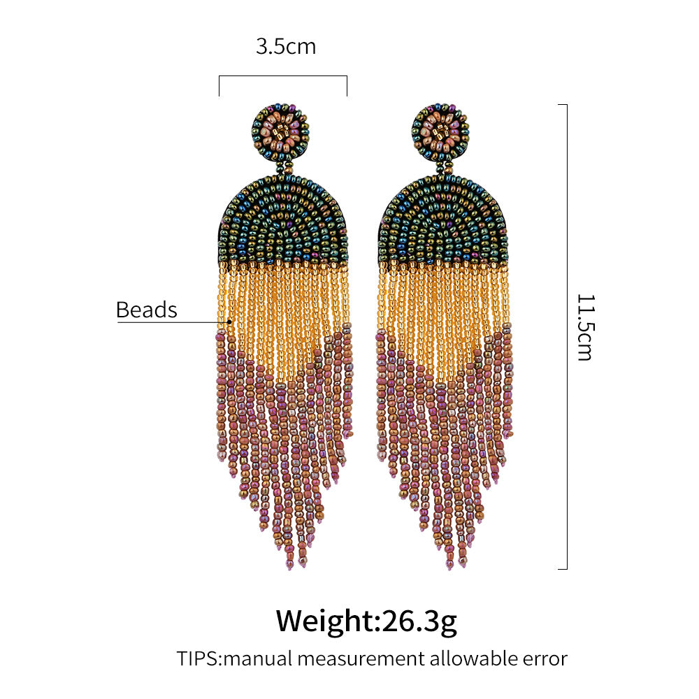 Hand-beaded Colored Rice Beaded Tassel Earrings