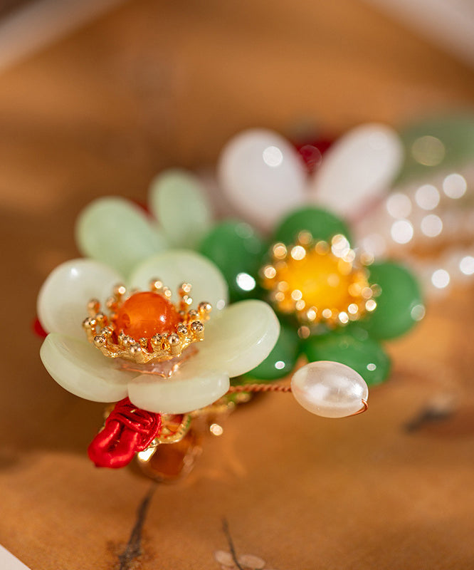 Retro Multicolor Alloy Jade Pearl Floral Tassel Hairpin