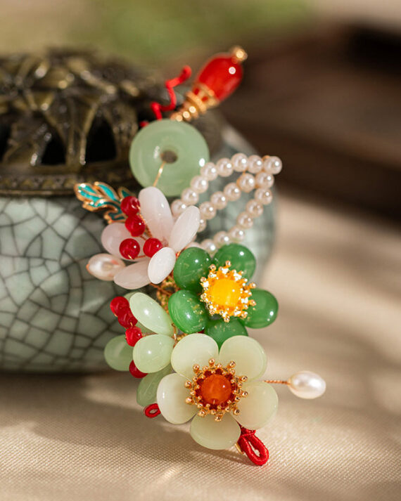 Retro Multicolor Alloy Jade Pearl Floral Tassel Hairpin