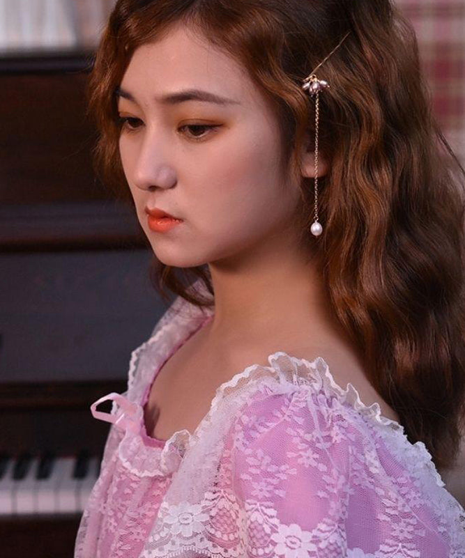 Simple Gold Metal Overgild Pearl Tassel Hairpin