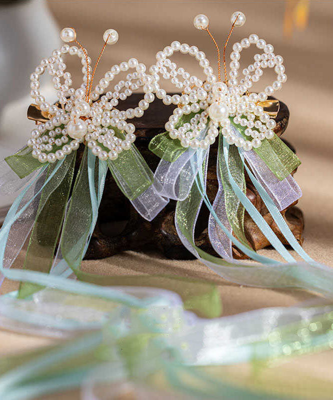 Chinese Style Green Alloy Pearl Butterfly Tassel Ribbon Hairpin