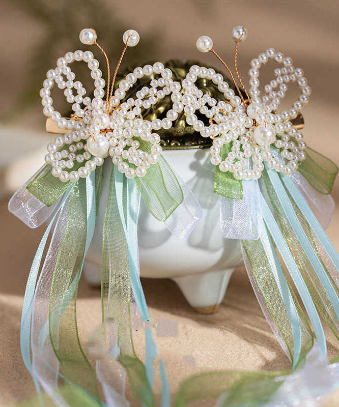 Chinese Style Green Alloy Pearl Butterfly Tassel Ribbon Hairpin