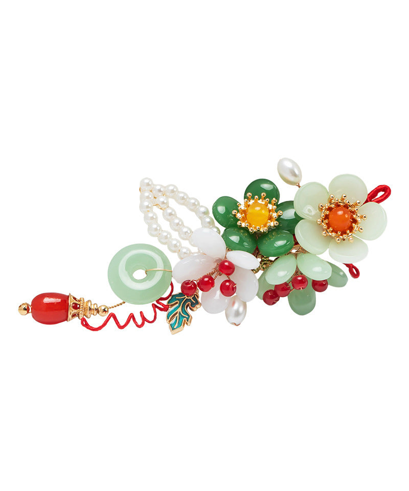 Retro Multicolor Alloy Jade Pearl Floral Tassel Hairpin