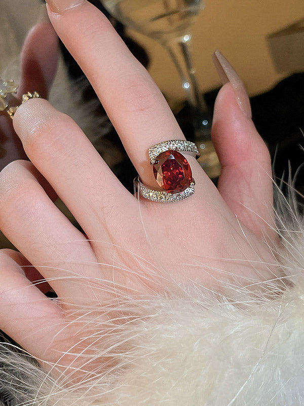 Adjustable Geometric Rhine Red Stones Ring