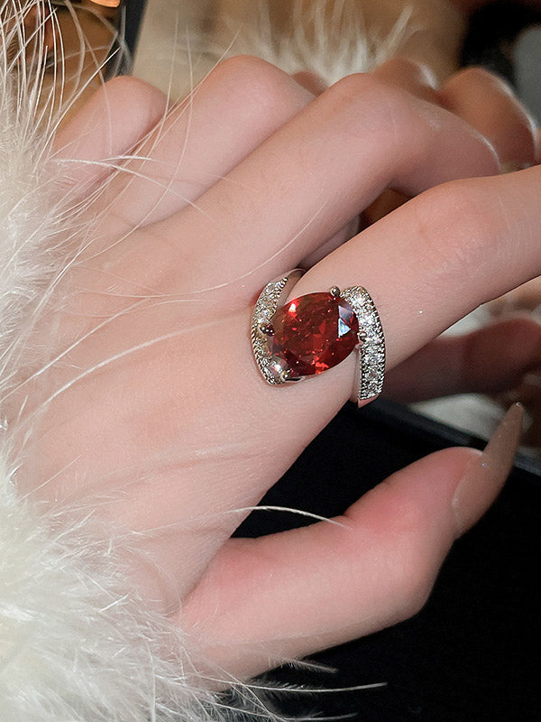 Adjustable Geometric Rhine Red Stones Ring