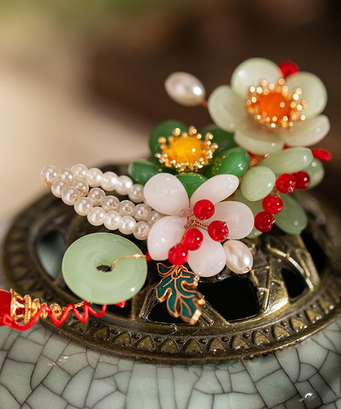 Retro Multicolor Alloy Jade Pearl Floral Tassel Hairpin