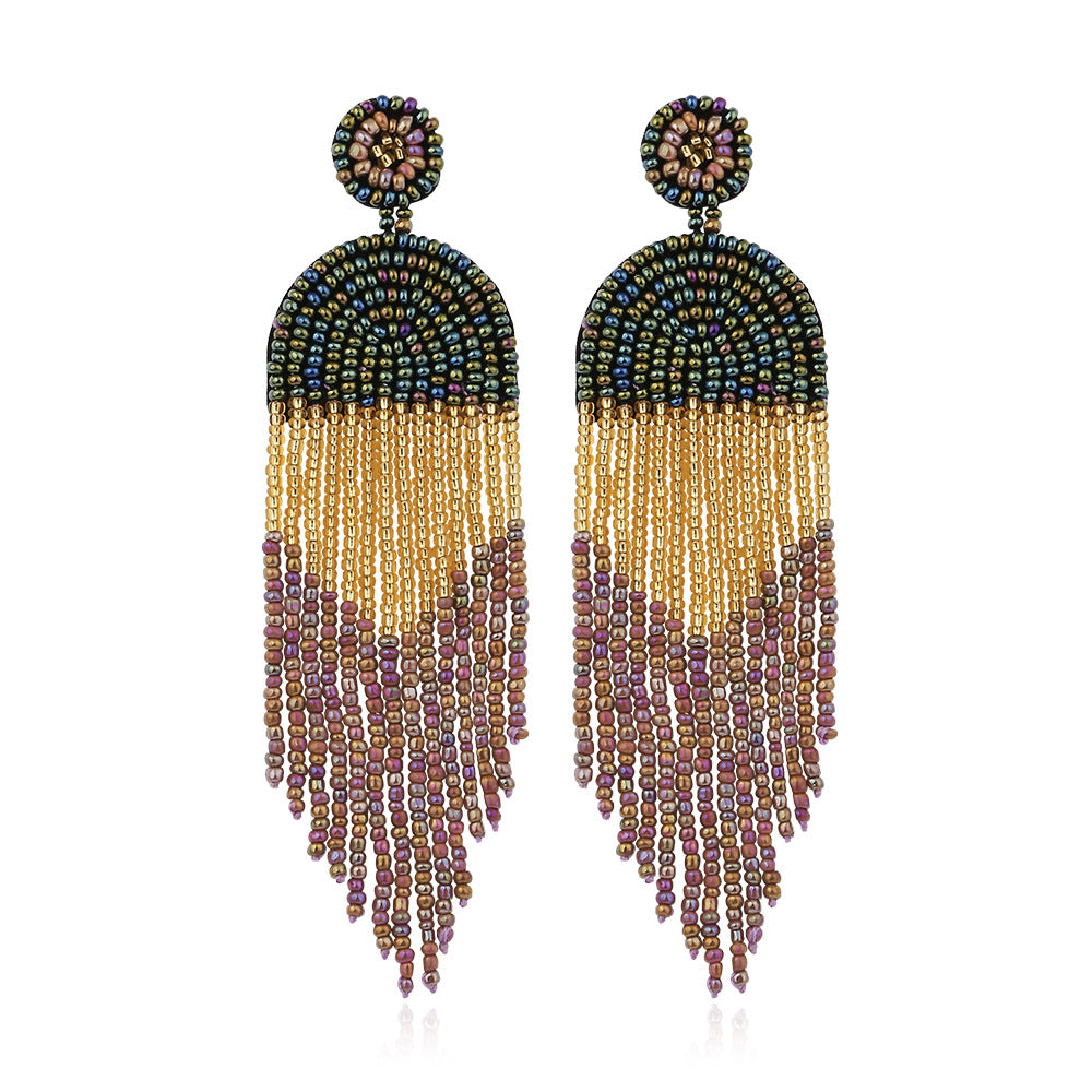 Hand-beaded Colored Rice Beaded Tassel Earrings