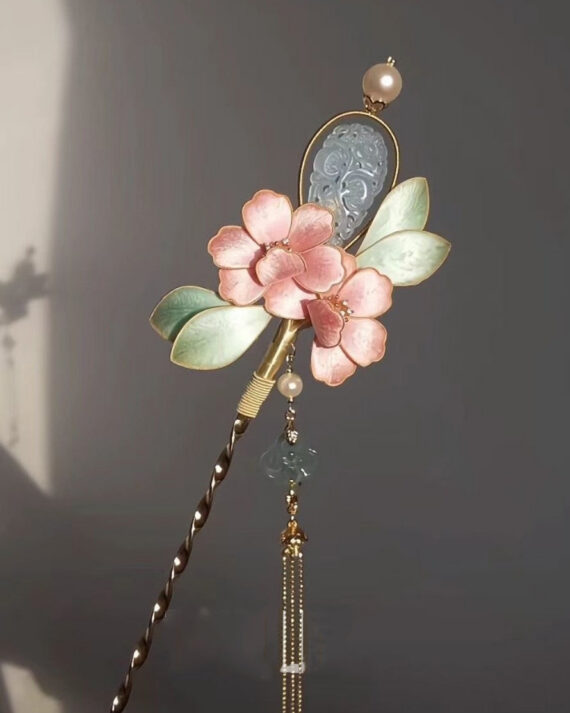 Chinese Style Pink Antique Gold Peony Flower Jade Tassel Hairpin