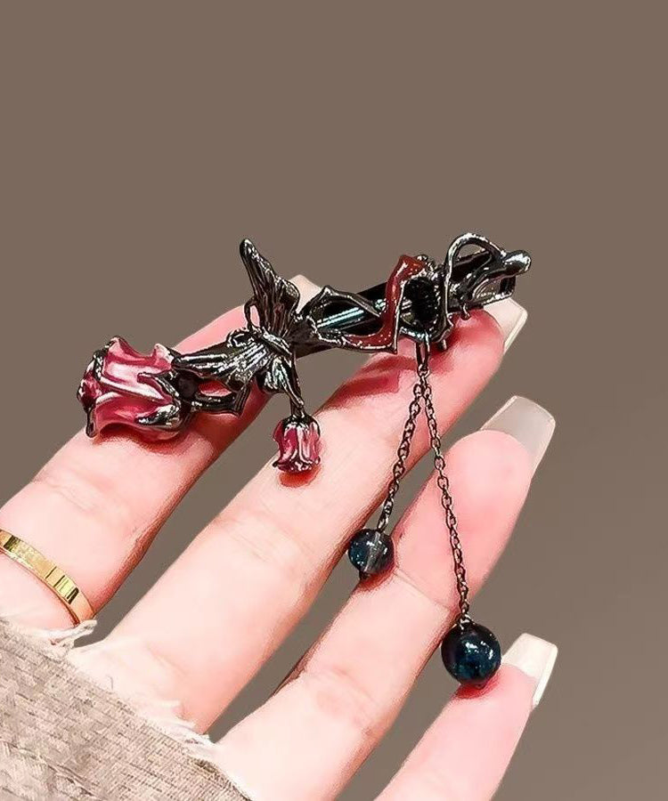 Fine Black Alloy Butterfly Rose Tassel Hairpin