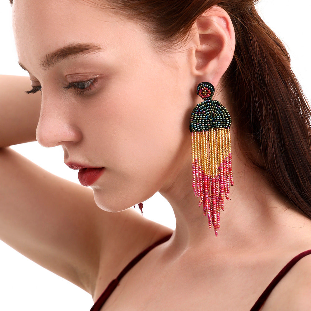 Hand-beaded Colored Rice Beaded Tassel Earrings