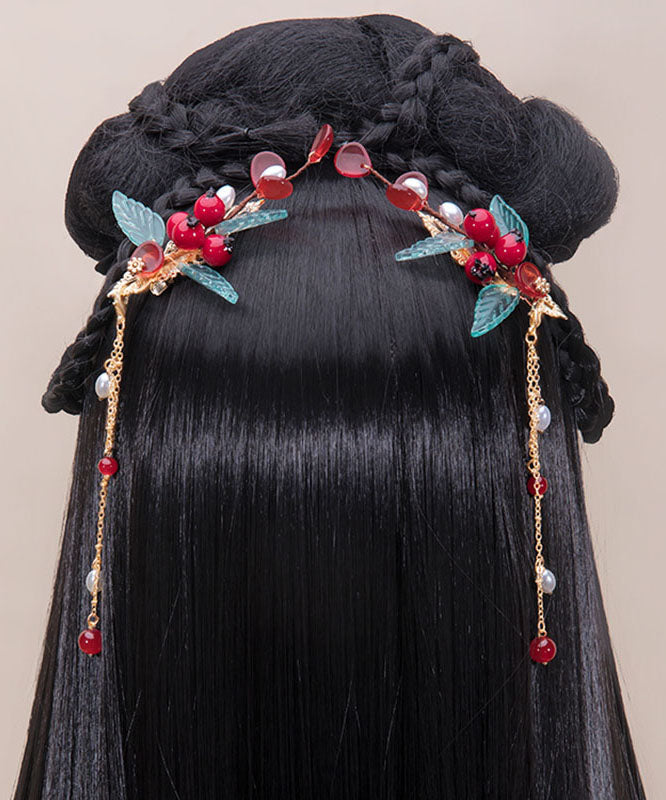 Chinese Style Multicolor Copper Overgild Pearl Coloured Glaze Leaf A Pair Hairpin