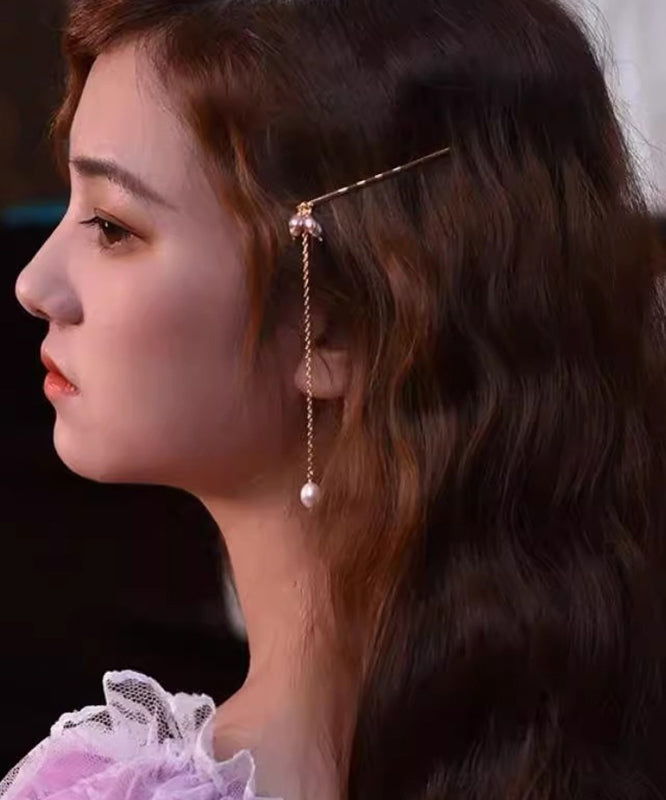 Simple Gold Metal Overgild Pearl Tassel Hairpin