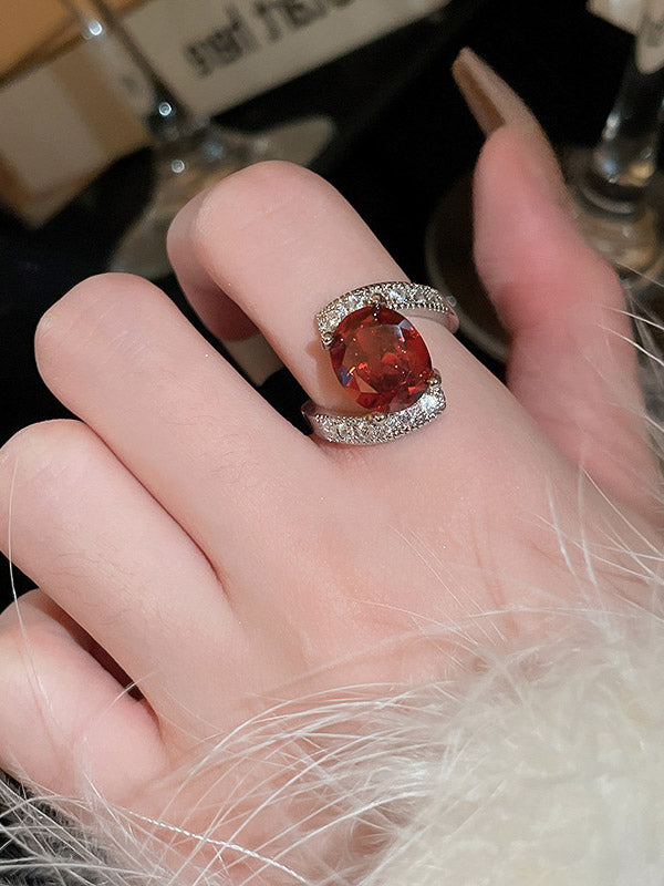 Adjustable Geometric Rhine Red Stones Ring