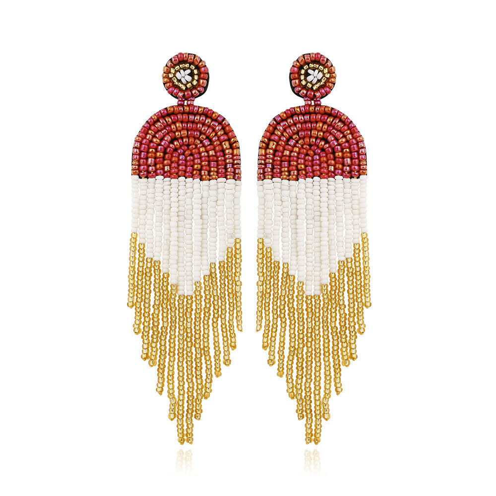 Hand-beaded Colored Rice Beaded Tassel Earrings